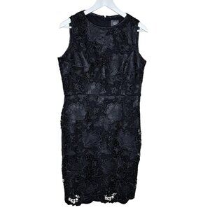 Vince Camuto Black Laser Cut Faux Leather Floral Lace Sheath Dress, Size 12